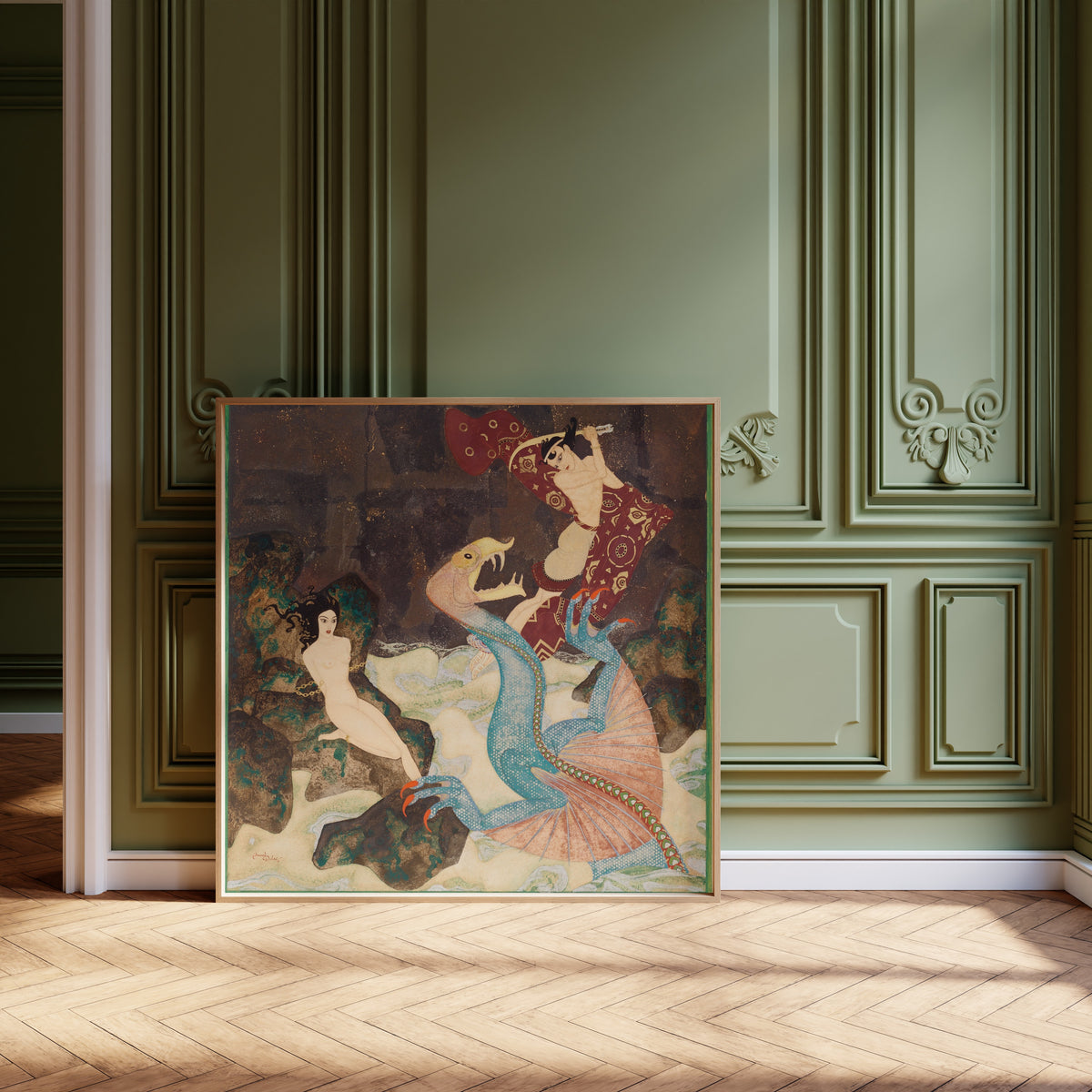 Framed art print of Perseus and Andromeda by Edmund Dulac, leaning against olive-green panelling on a herringbone floor