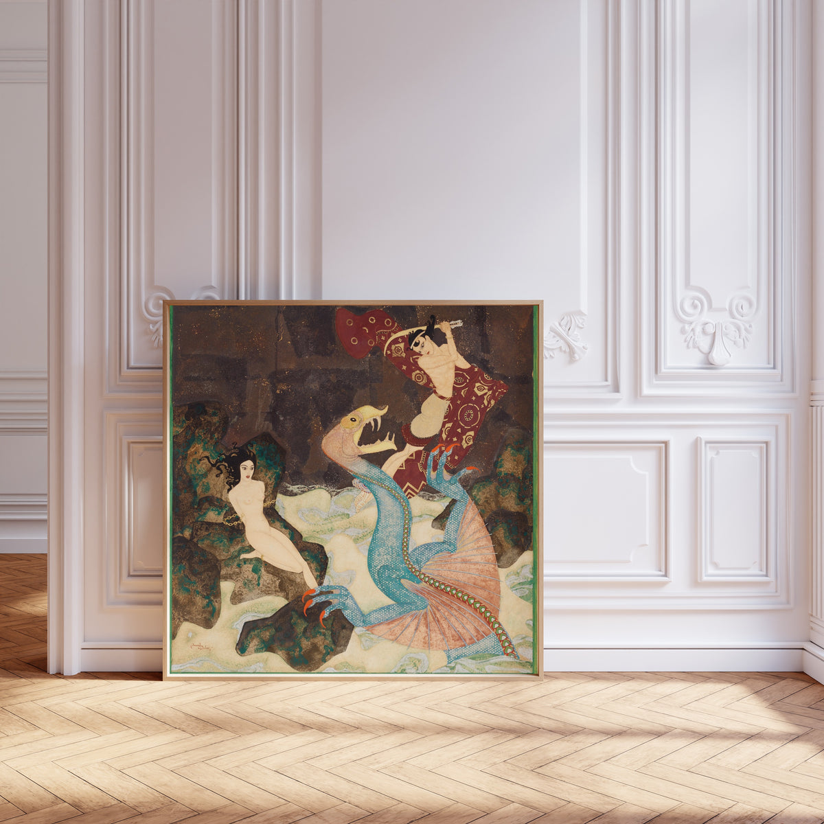 Framed art print of Perseus and Andromeda by Edmund Dulac, leaning against pale pink panelling on a herringbone floor