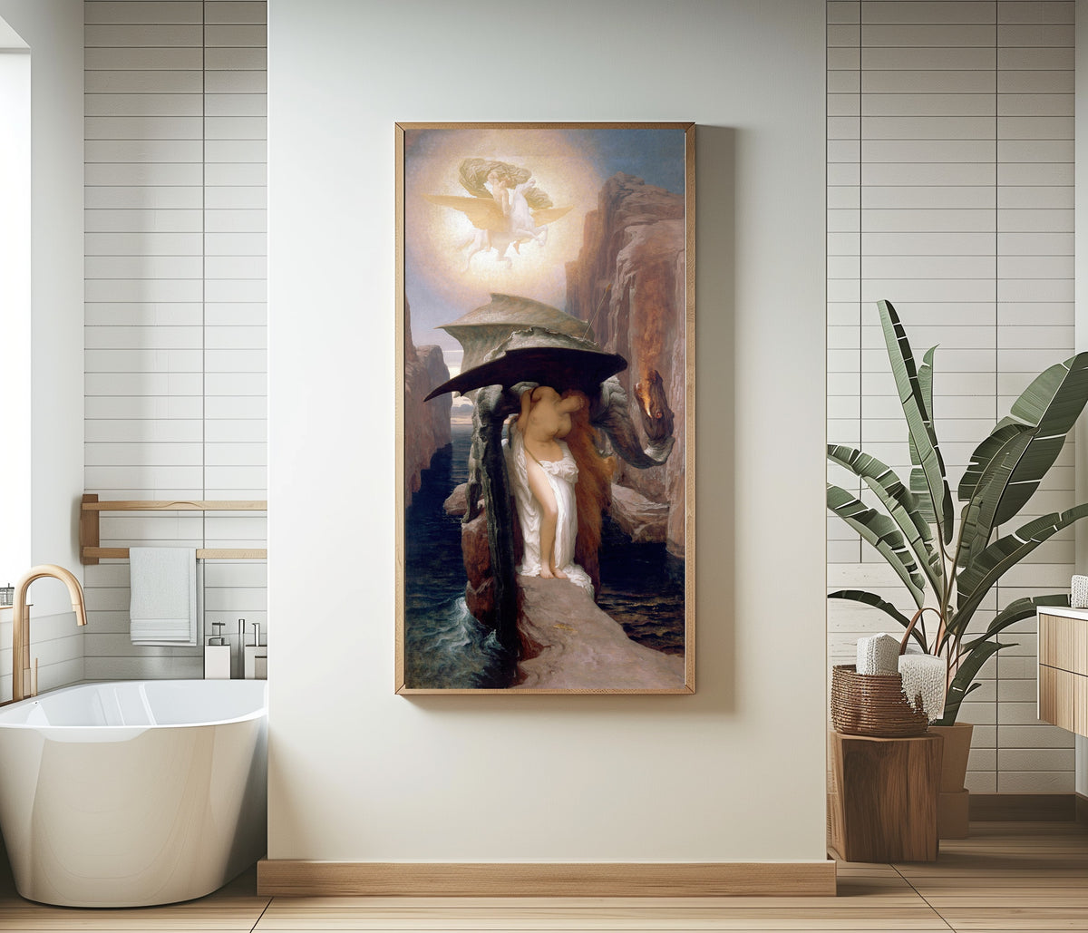 Framed art print of Perseus and Andromeda by Frederic Leighton, in a bathroom beside a freestanding tub