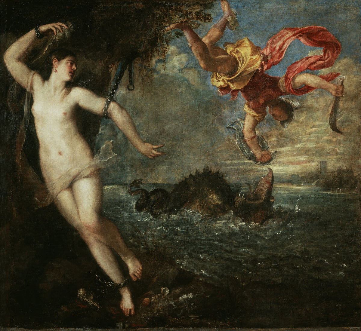 Perseus and Andromeda by Titian — A hero plunges head-down toward a sea monster and a chained woman