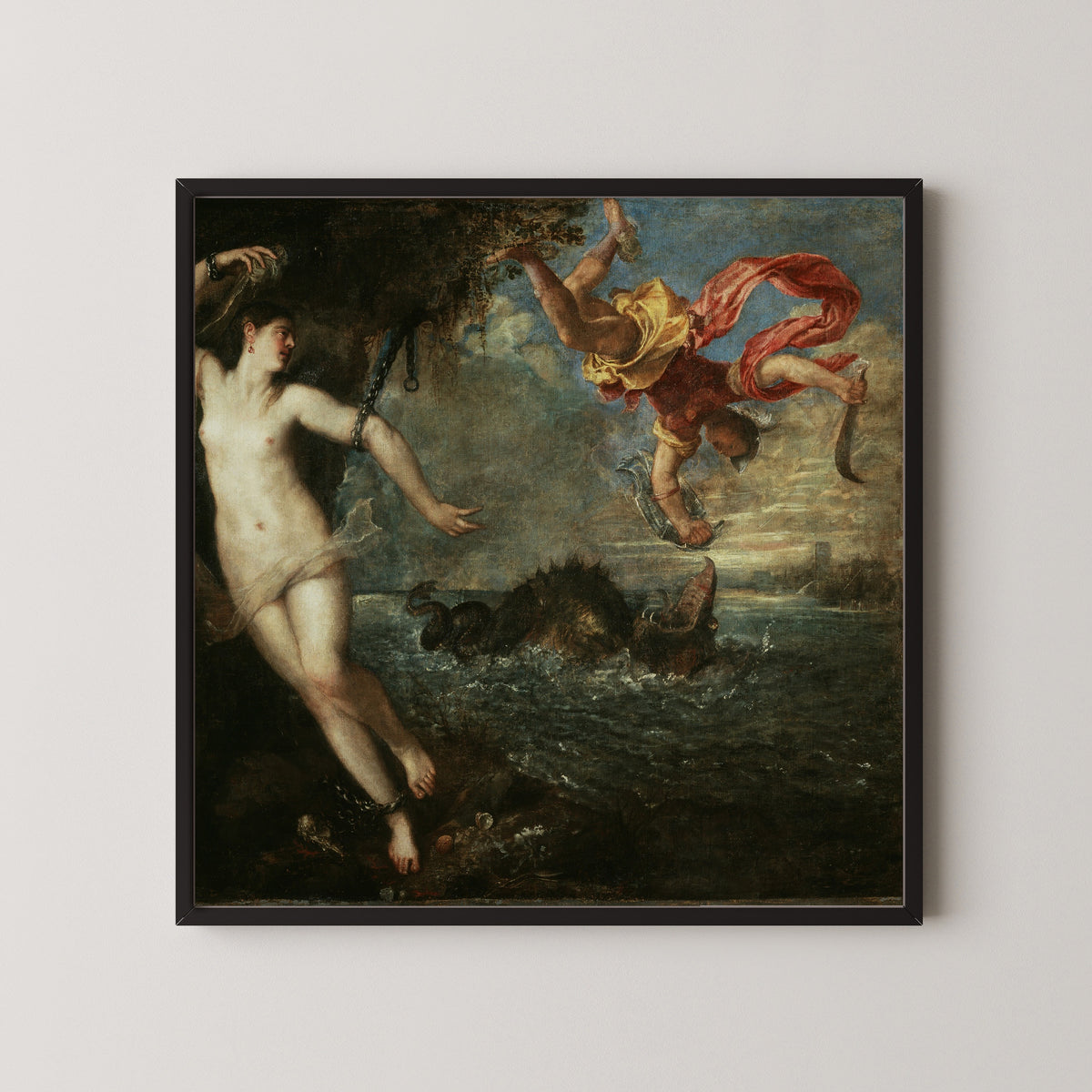 Framed art print of Perseus and Andromeda by Titian, in a black frame on a pale wall