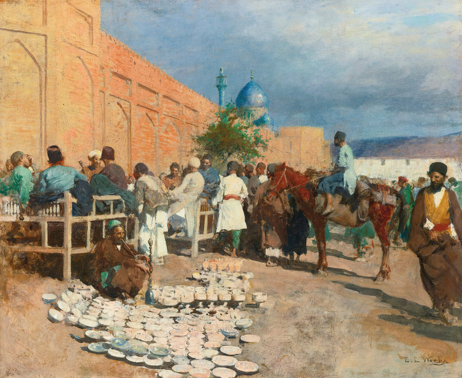 Edwin Lord Weeks — Persian Café — The Pottery Seller | Art Print shown to scale on a wall above a sofa
