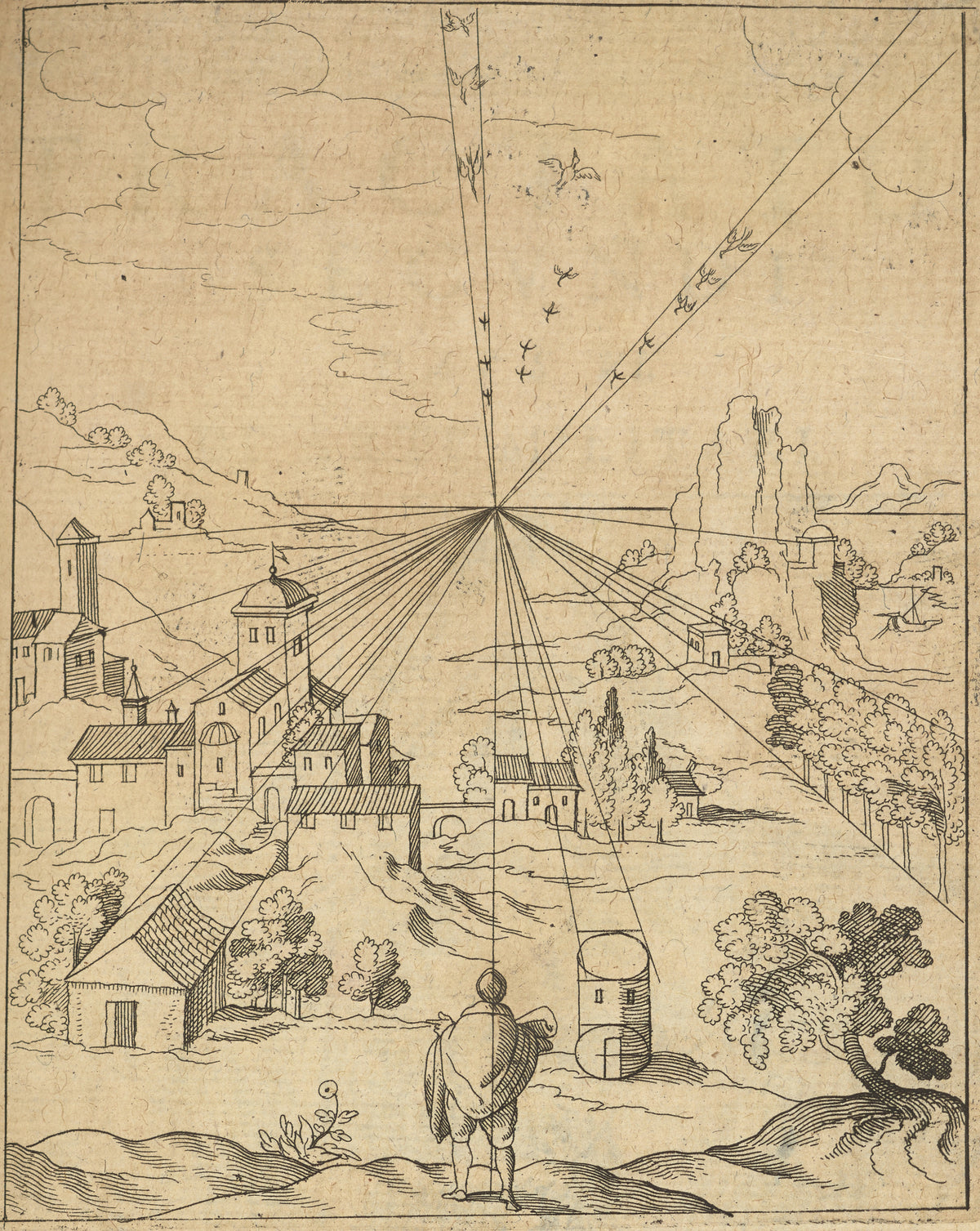 Perspective Landscape with a Viewer (Utriusque Cosmi, p. 341) by Robert Fludd — Lines of sight fan out from one point across a hill town and valley