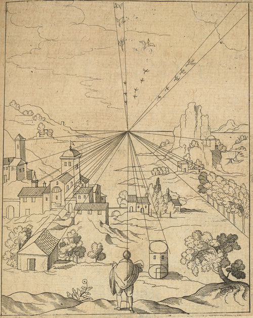 Perspective Landscape with a Viewer (Utriusque Cosmi, p. 341) by Robert Fludd — Lines of sight fan out from one point across a hill town and valley