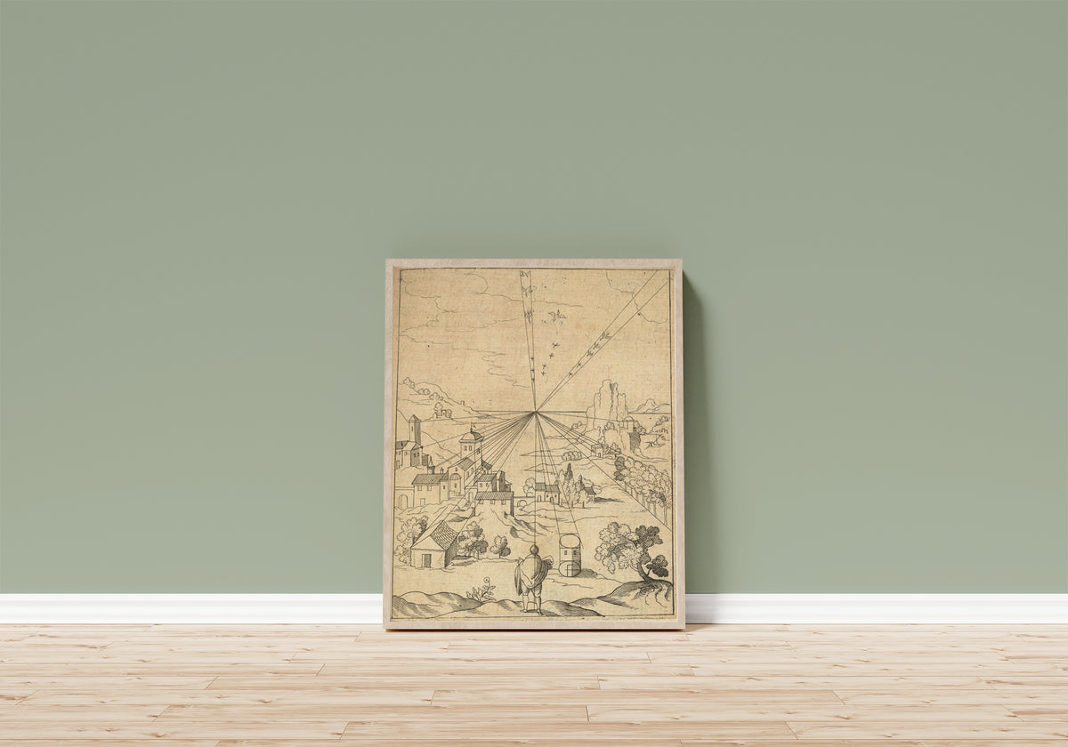 Framed art print of Perspective Landscape with a Viewer (Utriusque… by Robert Fludd, in a light wood frame leaning on a sage green wall above a wooden floor