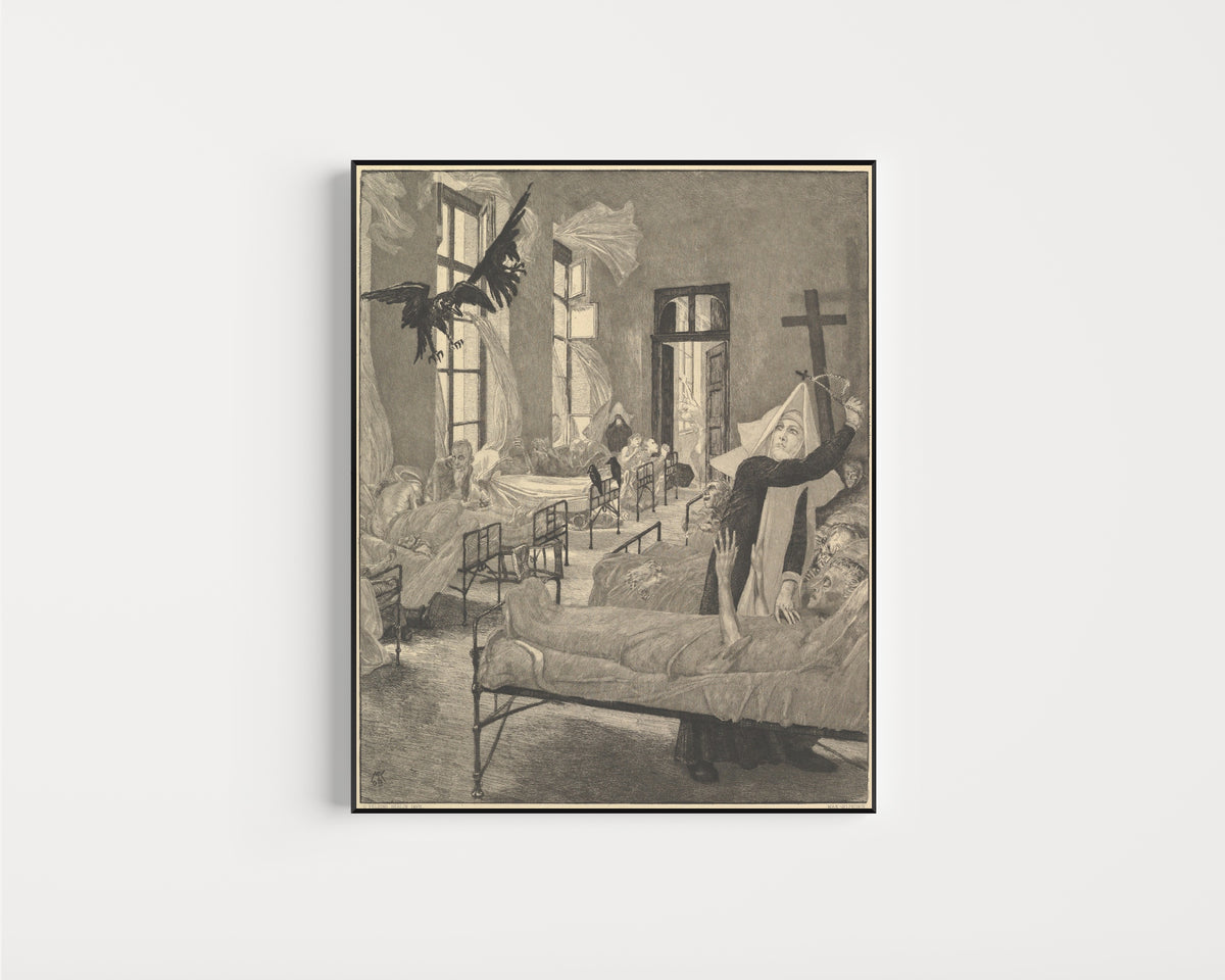 Framed art print of Pest by Max Klinger, in a slim black frame on a plain white wall
