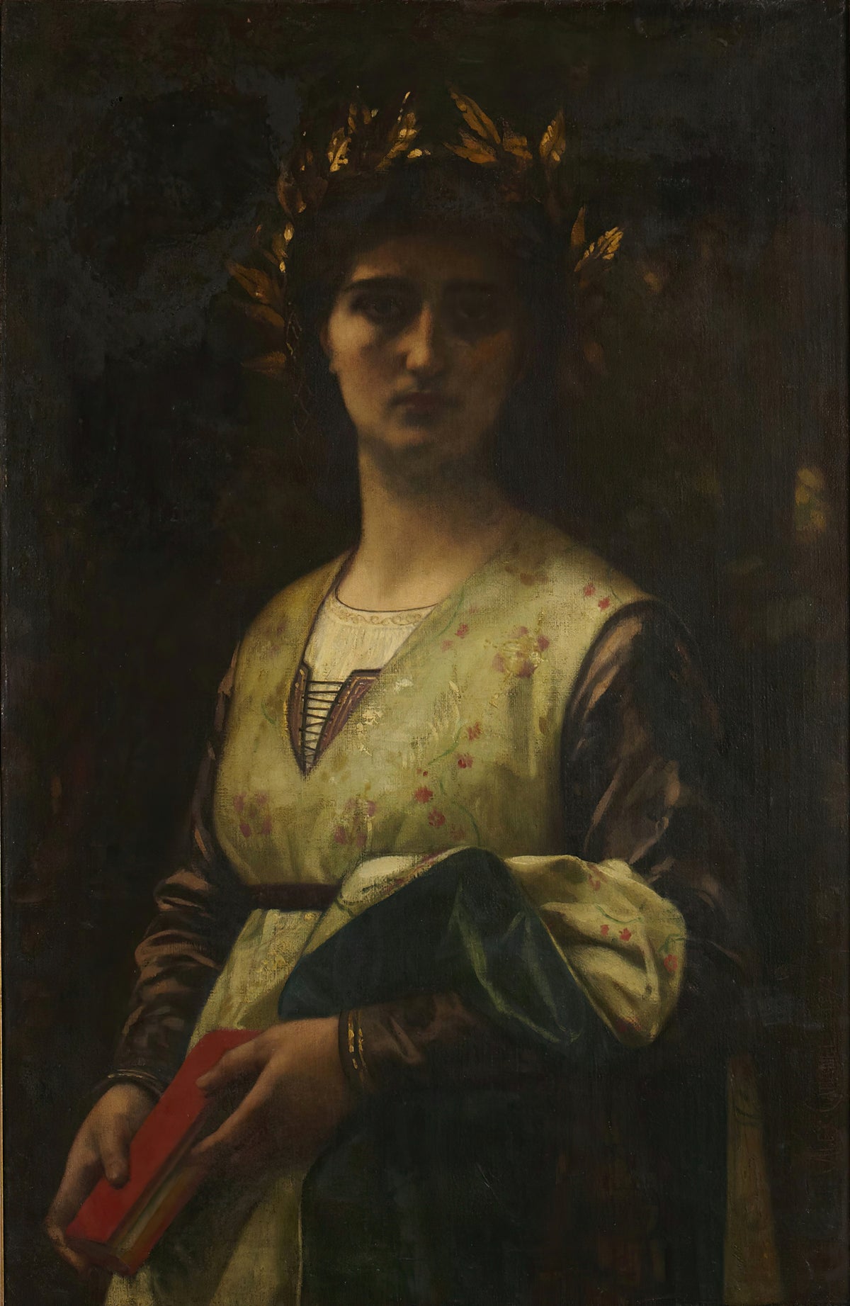 Petrarch's Laura by Alexandre Cabanel — A laurel-crowned woman holds a red book against a dark ground