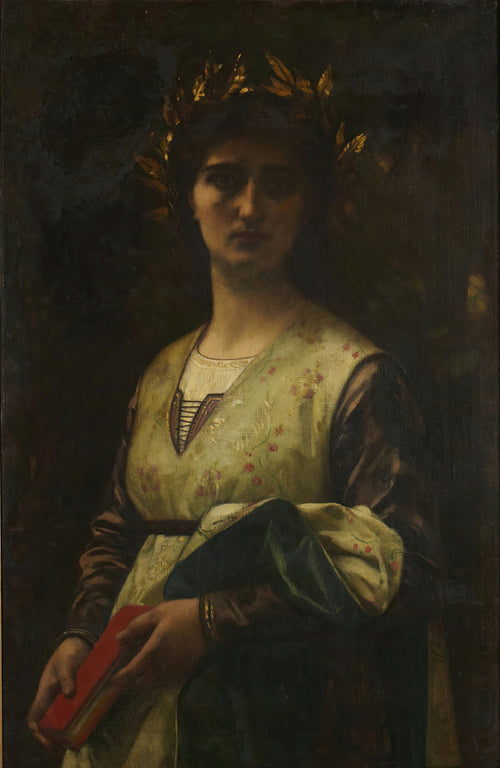 Petrarch's Laura by Alexandre Cabanel — A laurel-crowned woman holds a red book against a dark ground