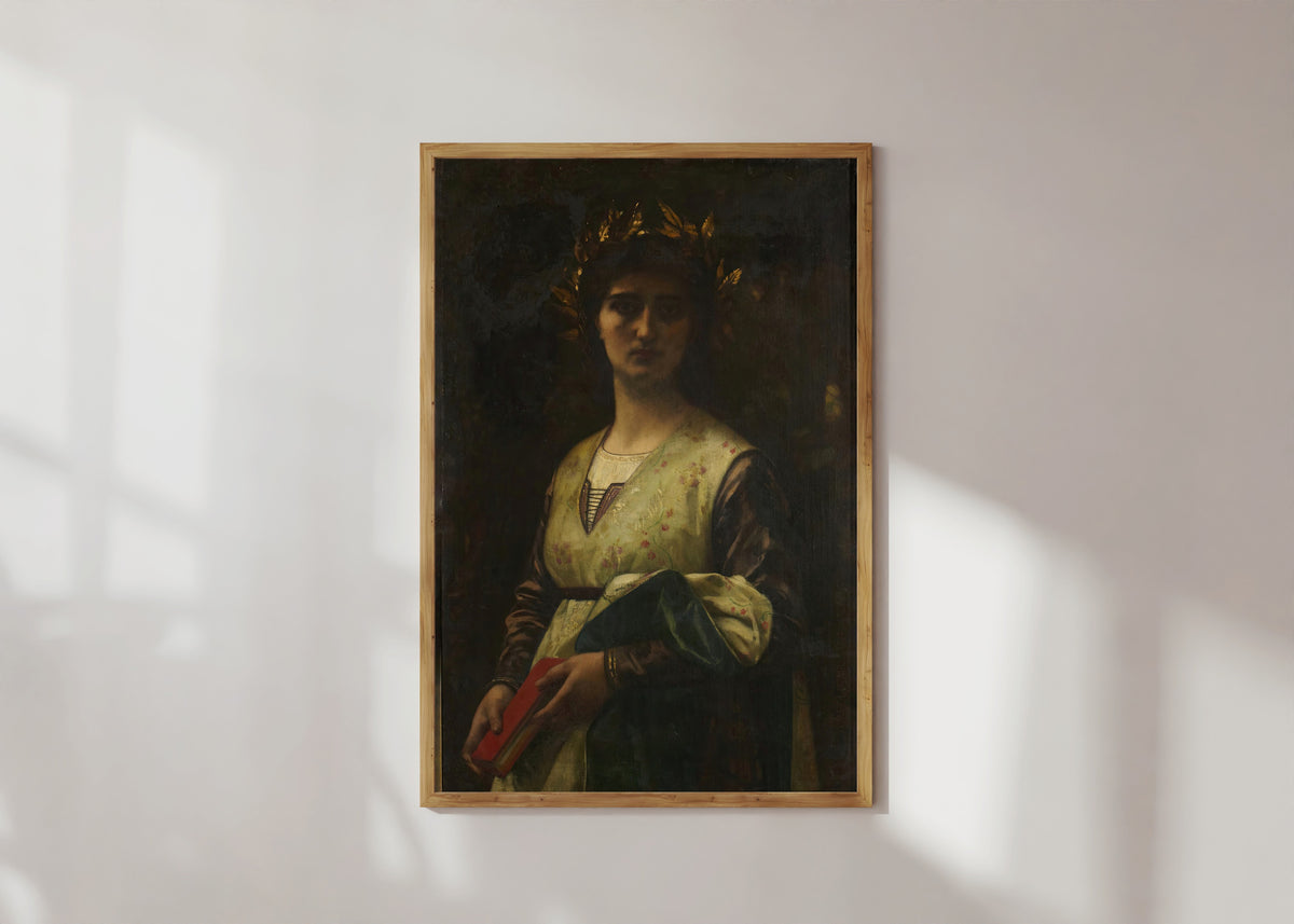 Framed art print of Petrarch's Laura by Alexandre Cabanel, in a light wood frame on a sunlit white wall