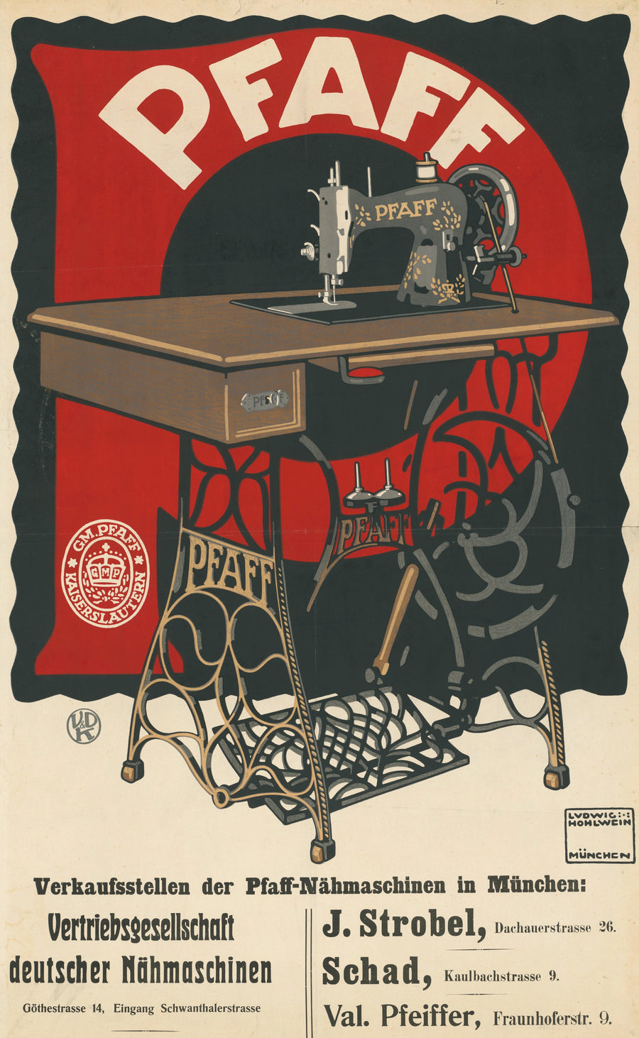 Ludwig Hohlwein — Pfaff: Vertriebsgesellschaft deutscher Nähmaschinen in München | Vintage Poster Print shown to scale on a wall above a sofa