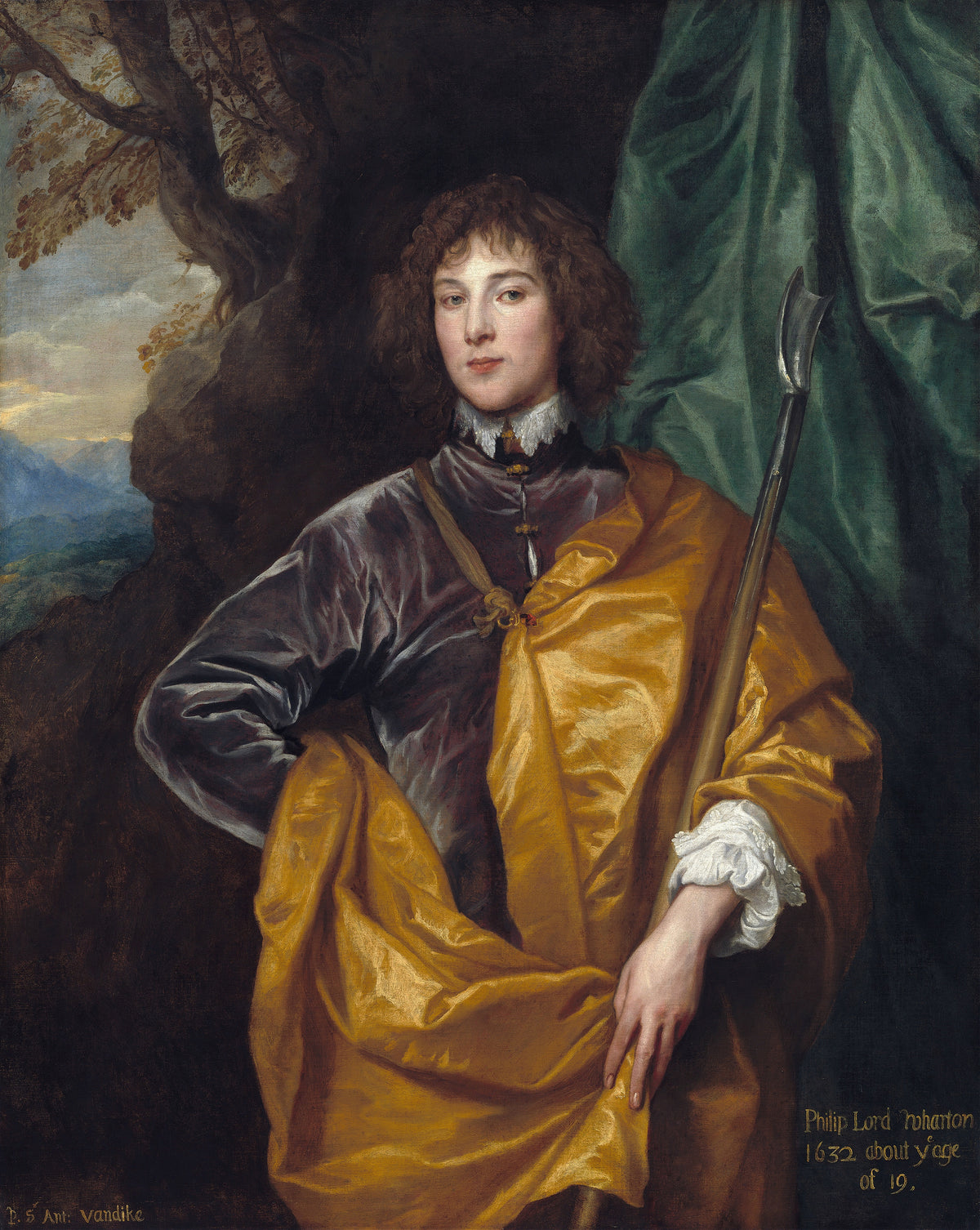 Philip, Lord Wharton by Anthony van Dyck — A curly-haired youth in a golden cloak with a long bladed staff