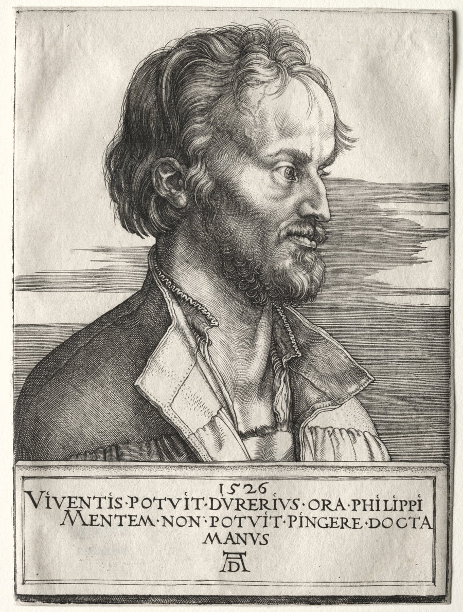 Albrecht Dürer — Philipp of Melanchthon | Engraving Print shown to scale on a wall above a sofa