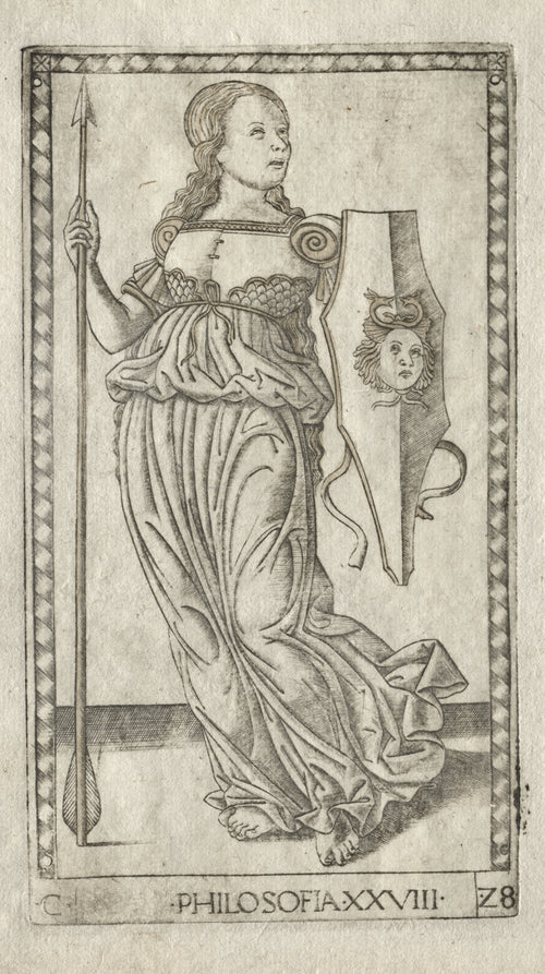 Philosophy (from the Tarocchi, Series C: Liberal Arts, no. 28) by Master of the E-Series Tarocchi — Philosophy with lance and Medusa shield, her long hair