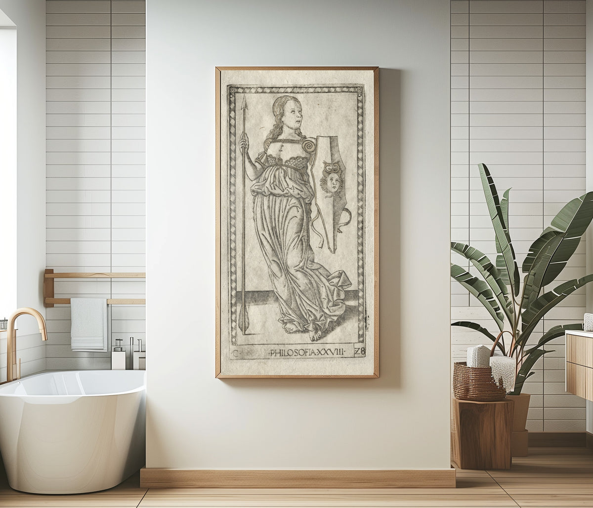 Framed art print of Philosophy (from the Tarocchi, Series C: Liberal Arts, no. 28) by Master of the E-Series Tarocchi, in a bathroom beside a freestanding tub