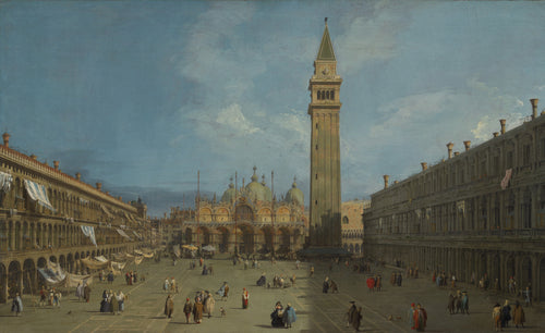 Piazza San Marco by Canaletto — Arcades, domes and a tall bell tower around a crowded Venetian square