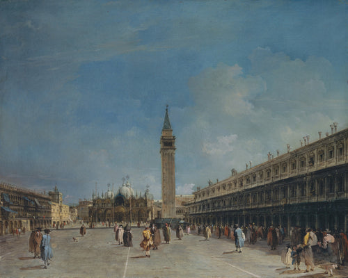 Piazza San Marco by Francesco Guardi — Cloaked figures cross a wide piazza beneath the bell tower