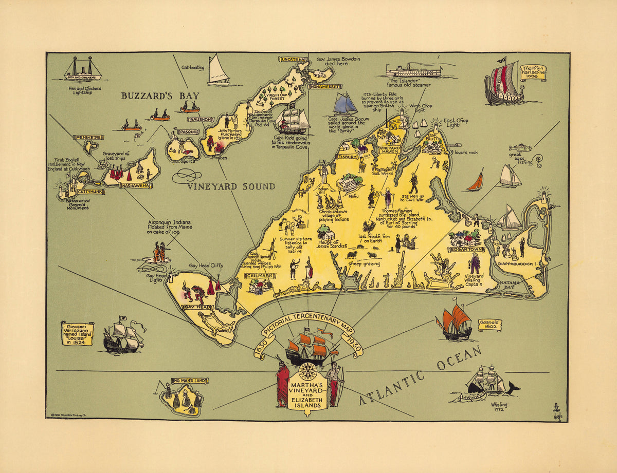 Reynold's Printing Co. — Pictorial Tercentenary Map of Martha's Vineyard and Elizabeth Islands | Vintage Pictorial Map Print