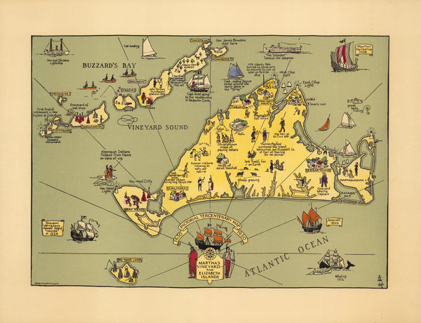 Reynold's Printing Co. — Pictorial Tercentenary Map of Martha's Vineyard and Elizabeth Islands | Vintage Pictorial Map Print
