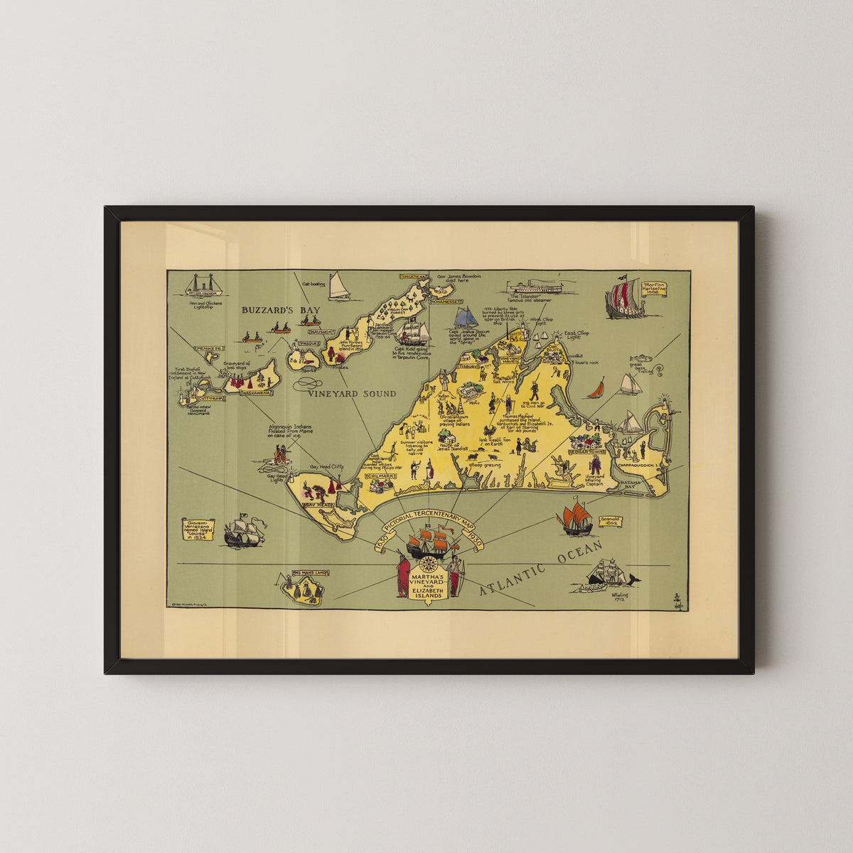 Reynold's Printing Co. — Pictorial Tercentenary Map of Martha's Vineyard and Elizabeth Islands | Vintage Pictorial Map Print