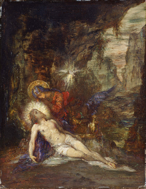 Pietà by Gustave Moreau — The Virgin bends over Christ's body in a dark rocky grotto