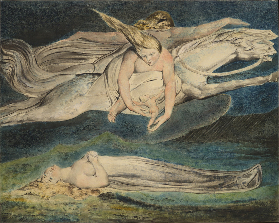 William Blake — Pity | Art Print shown to scale on a wall above a sofa