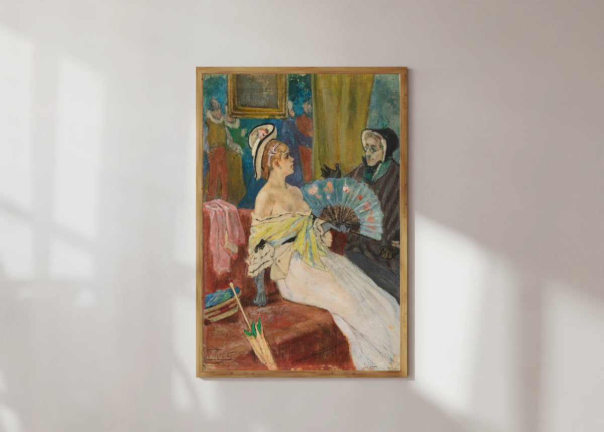 Framed art print of Plénipotentiaire by Félicien Rops, in a light wood frame on a sunlit white wall
