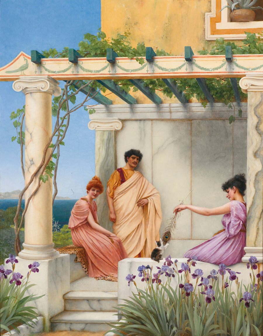 John William Godward — Playtime | Art Print shown to scale on a wall above a sofa