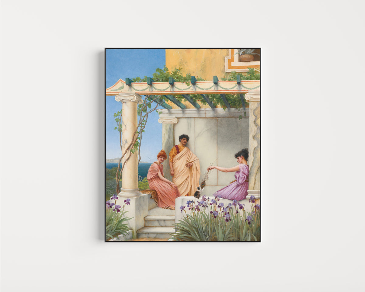 Framed art print of Playtime by John William Godward, in a slim black frame on a plain white wall