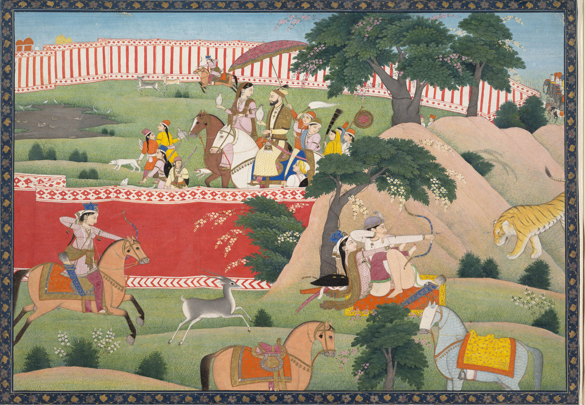 Pleasures of the Hunt by Kangra school — A hunting party rides behind striped screens as a tiger snarls