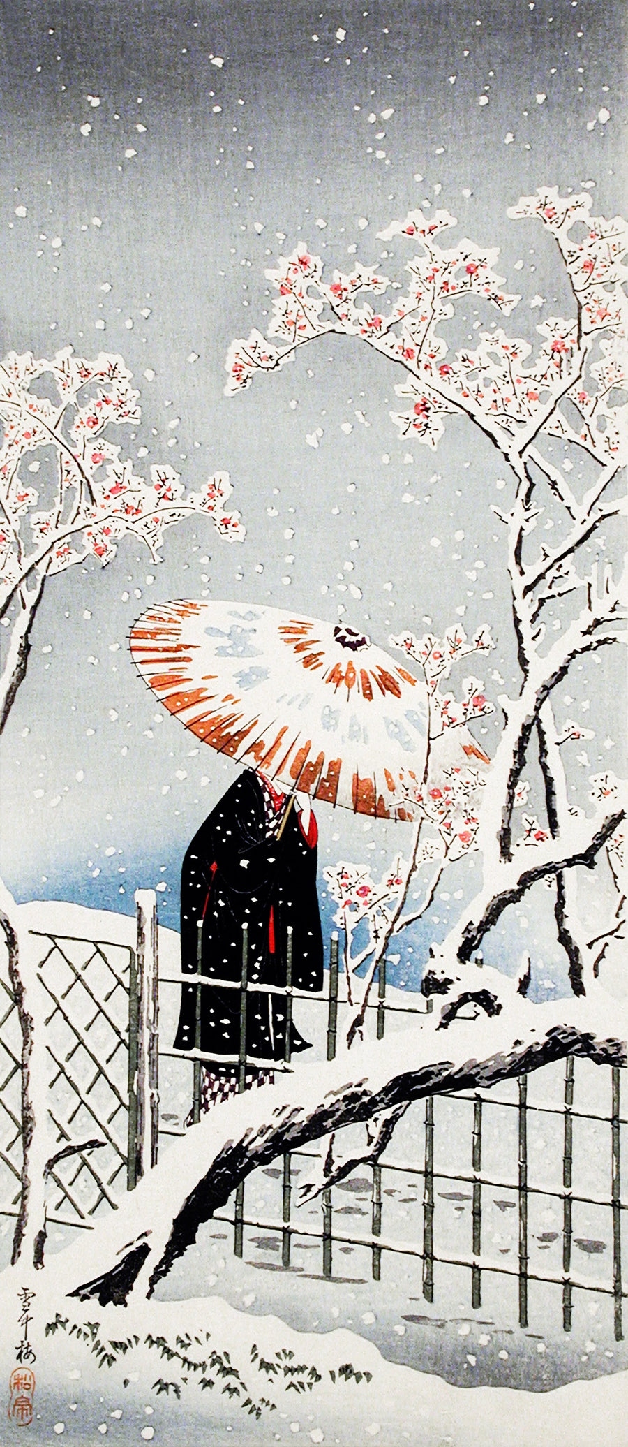 Takahashi Shotei — Plum Tree in Snow | Japanese Woodblock Print (Shin Hanga) shown to scale on a wall above a sofa
