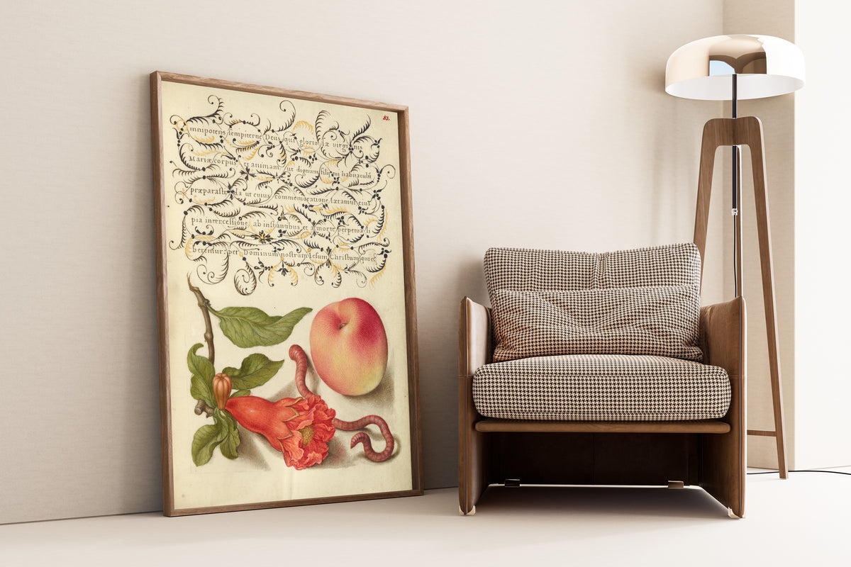 Joris Hoefnagel — Pomegranate, Worm, and Peach | Botanical Calligraphy Print