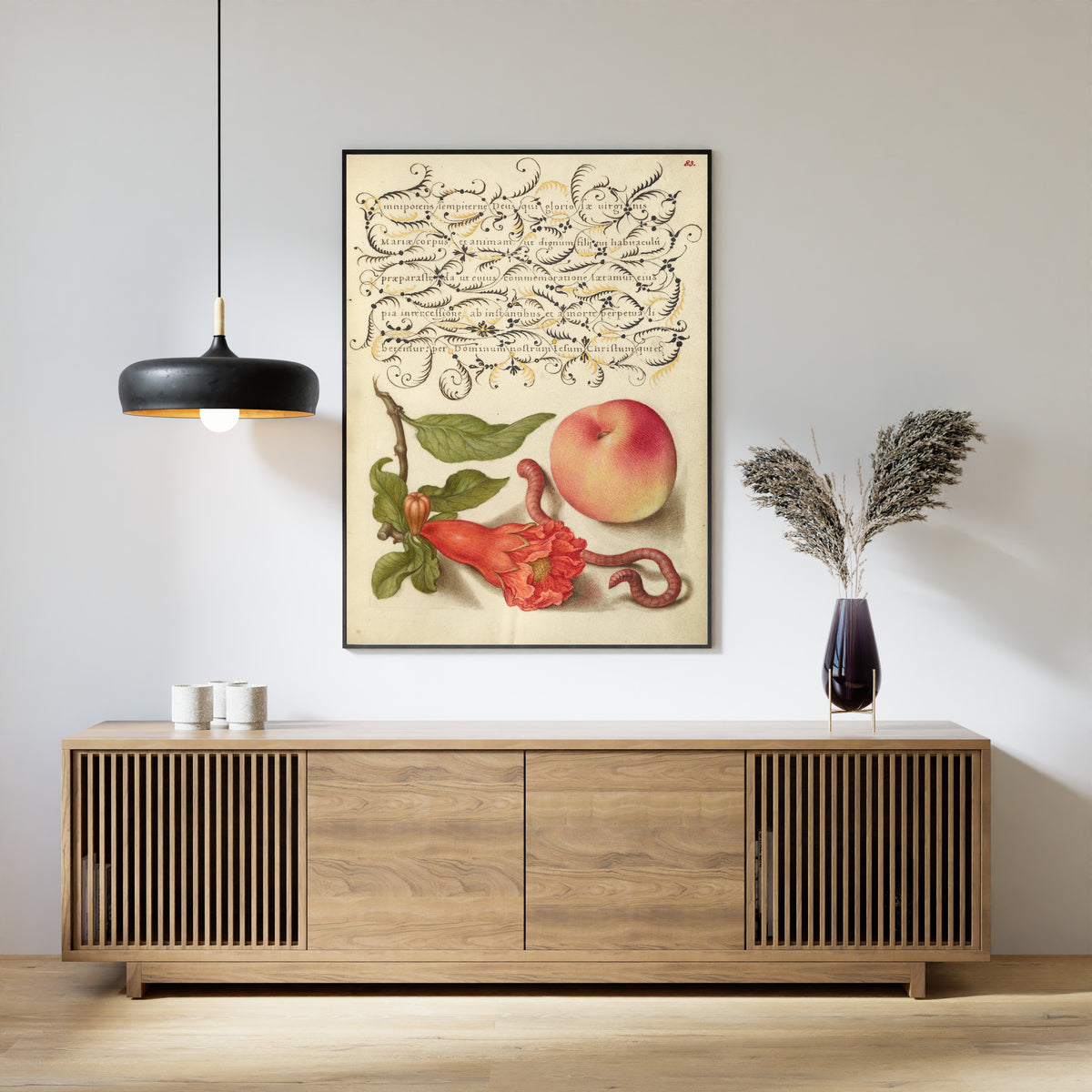 Joris Hoefnagel — Pomegranate, Worm, and Peach | Botanical Calligraphy Print