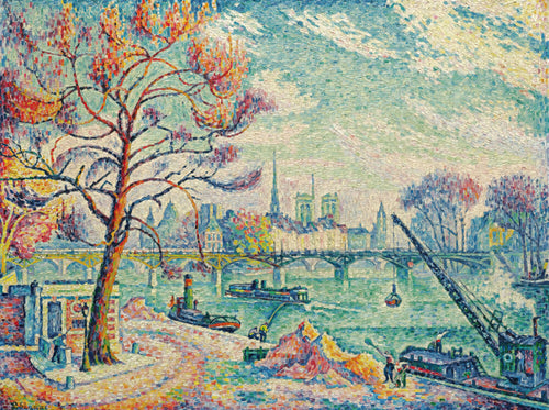 Pont des Arts, Paris by Paul Signac — Workers shovelling sand on a river quay below a bridge and towers