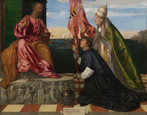 Pope Alexander VI Presenting Bishop Jacopo Pesaro to Saint Peter by Titian — A kneeling bishop with a red banner is presented to a haloed saint