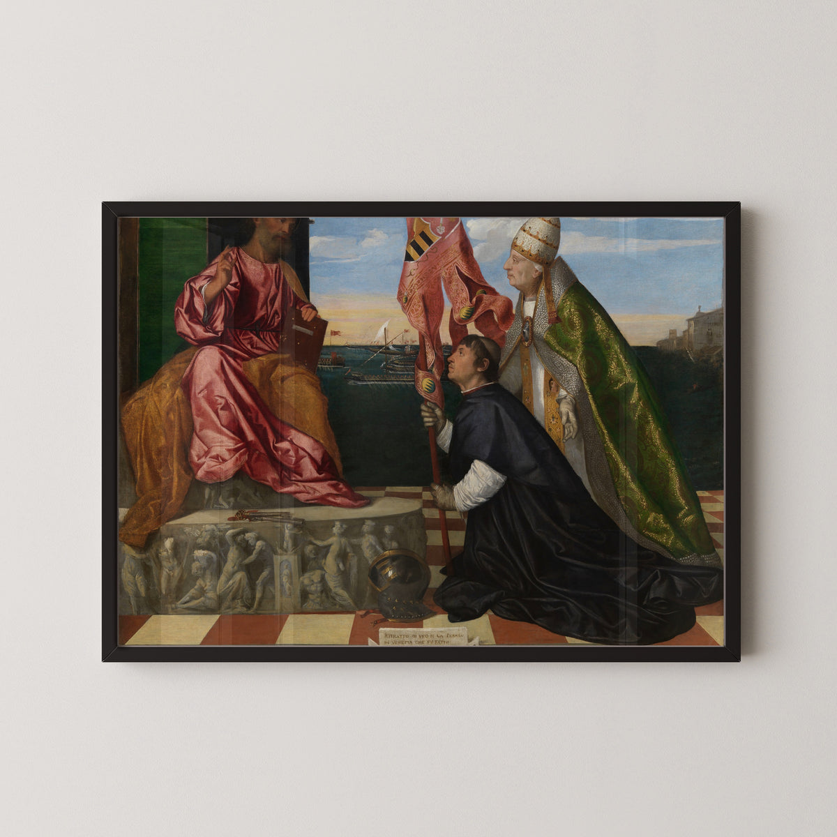 Framed art print of Pope Alexander VI Presenting Bishop Jacopo Pesaro to Saint Peter by Titian, in a black frame on a pale wall