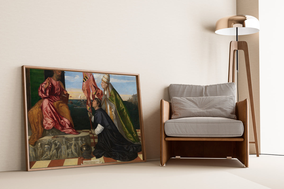 Framed art print of Pope Alexander VI Presenting Bishop Jacopo Pesaro to Saint Peter by Titian, leaning against a wall beside an armchair and a floor lamp