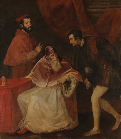 Pope Paul III and His Grandsons by Titian — An aged pope in white and crimson, with two younger men at his side