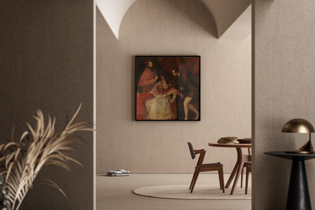 Framed art print of Pope Paul III and His Grandsons by Titian, in a sunlit dining corner