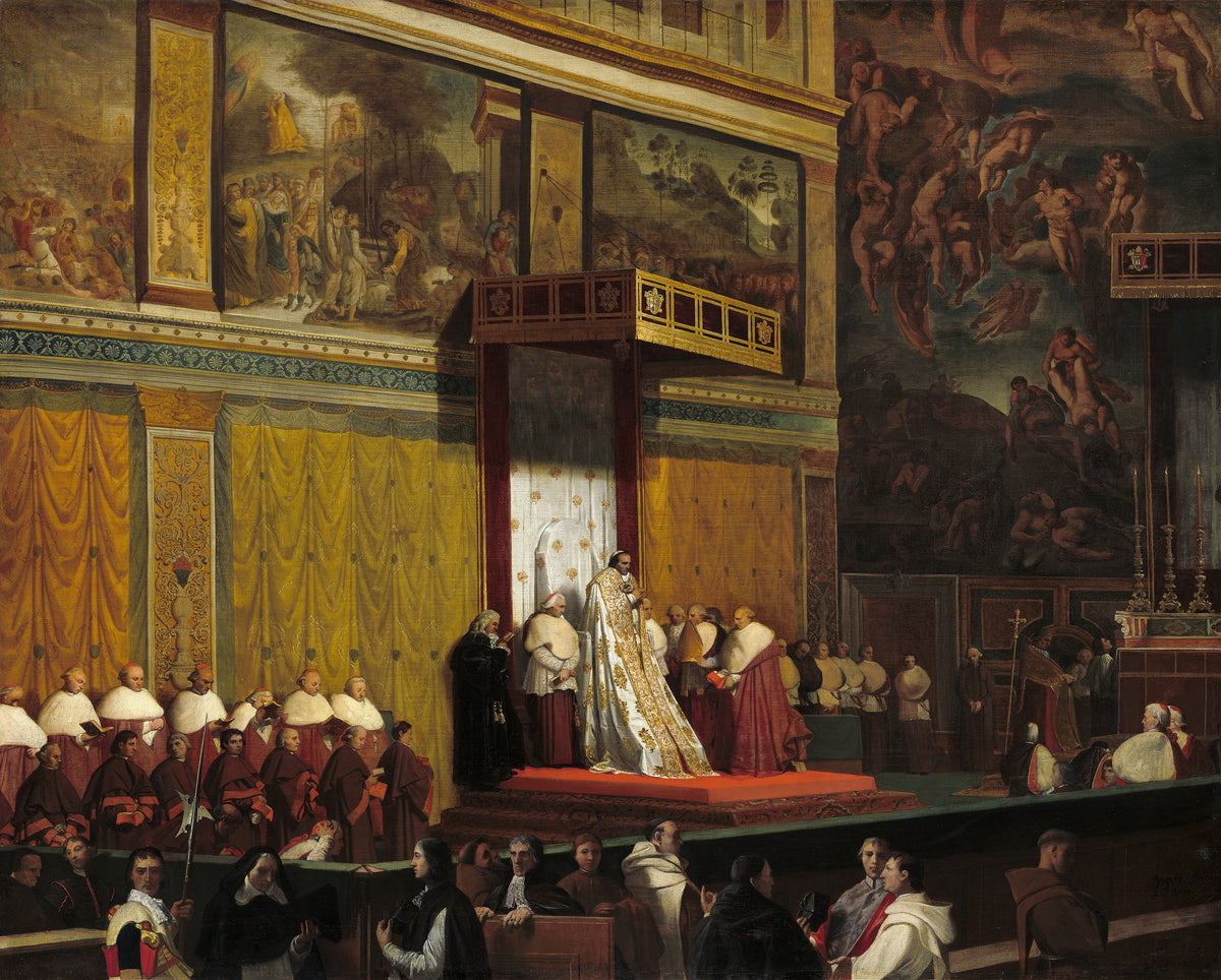 Pope Pius VII in the Sistine Chapel by Jean-Auguste-Dominique Ingres — The pope in white and gold stands before his throne, cardinals around