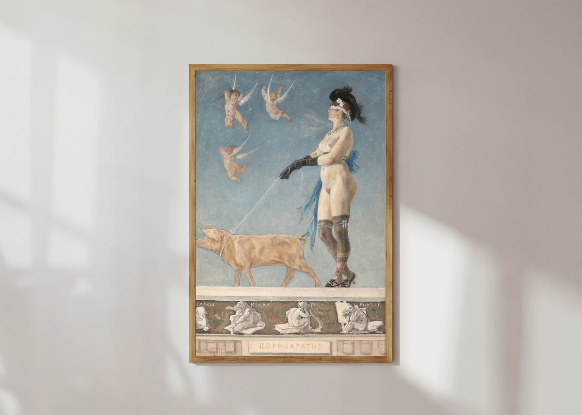 Framed art print of Pornokratès by Félicien Rops, in a light wood frame on a sunlit white wall