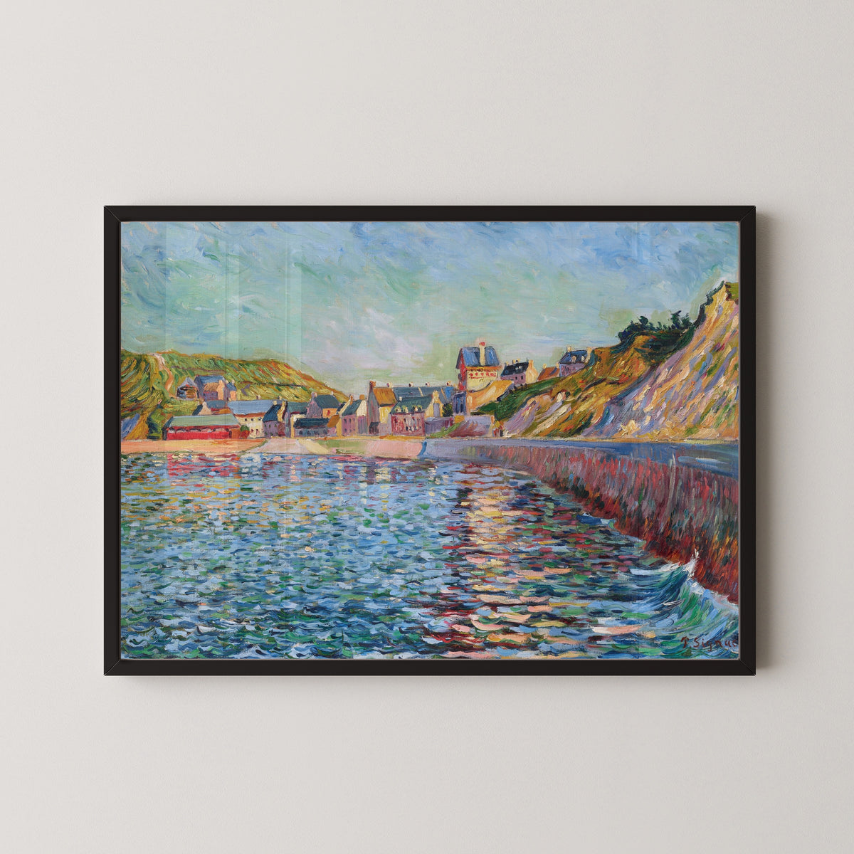 Framed art print of Port-en-Bessin, The Outer Harbour by Paul Signac, in a black frame on a pale wall