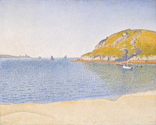 Port of Saint-Cast by Paul Signac — A calm blue bay with a yellow-green headland and a pale beach