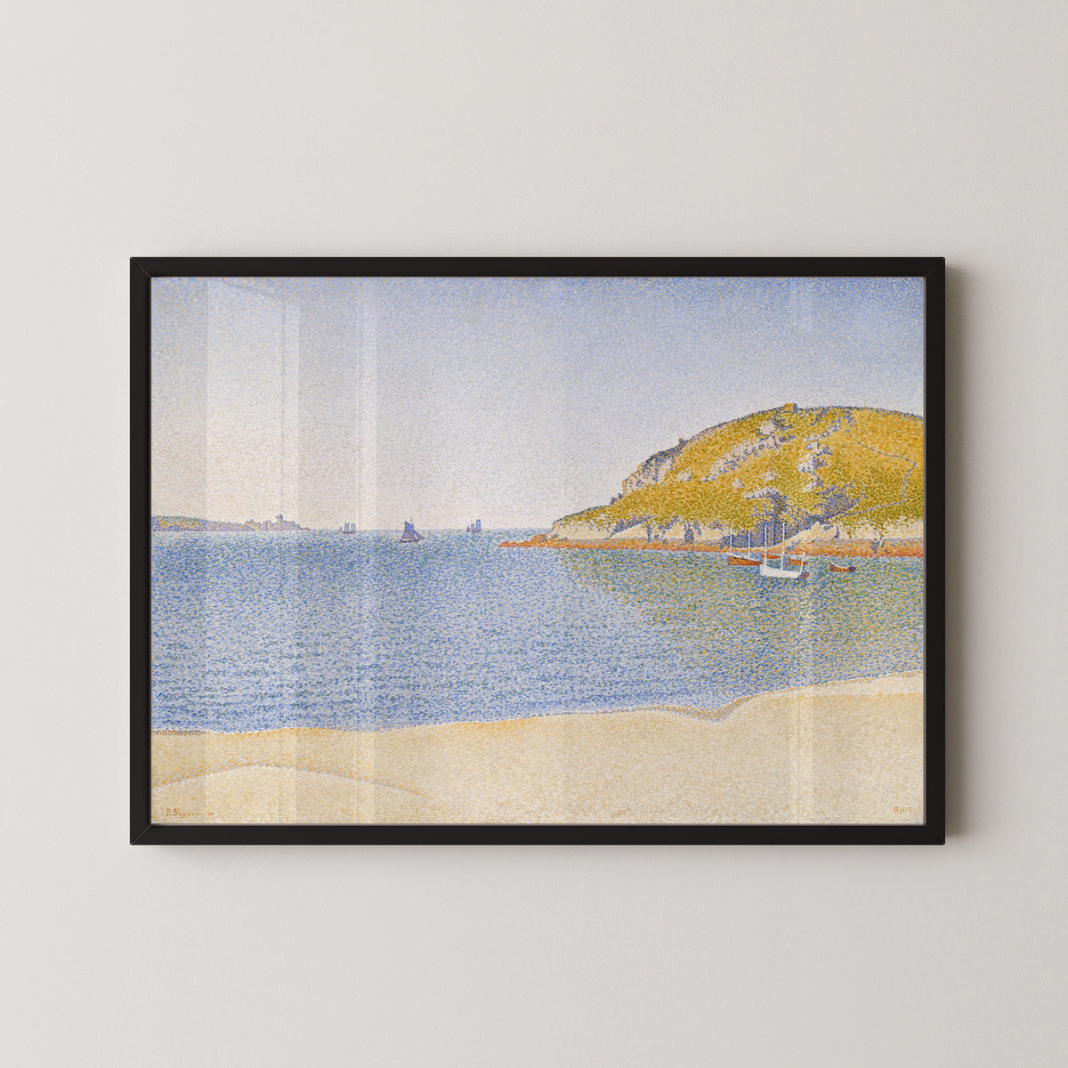 Framed art print of Port of Saint-Cast by Paul Signac, in a black frame on a pale wall