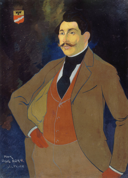 Portrait de Paul Adam by Georges de Feure — A moustached man in a brown coat and orange waistcoat, hands on hips