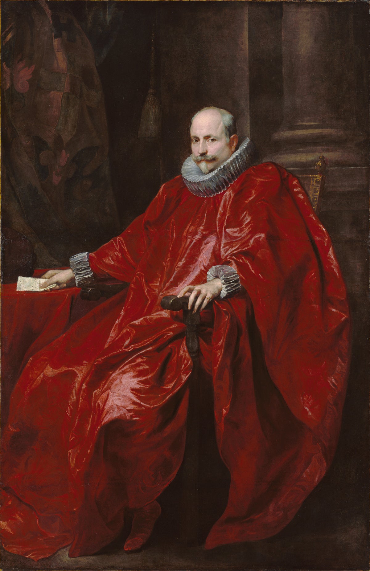 Portrait of Agostino Pallavicini by Anthony van Dyck — A grey-bearded man in sweeping red silk robes seated before a column