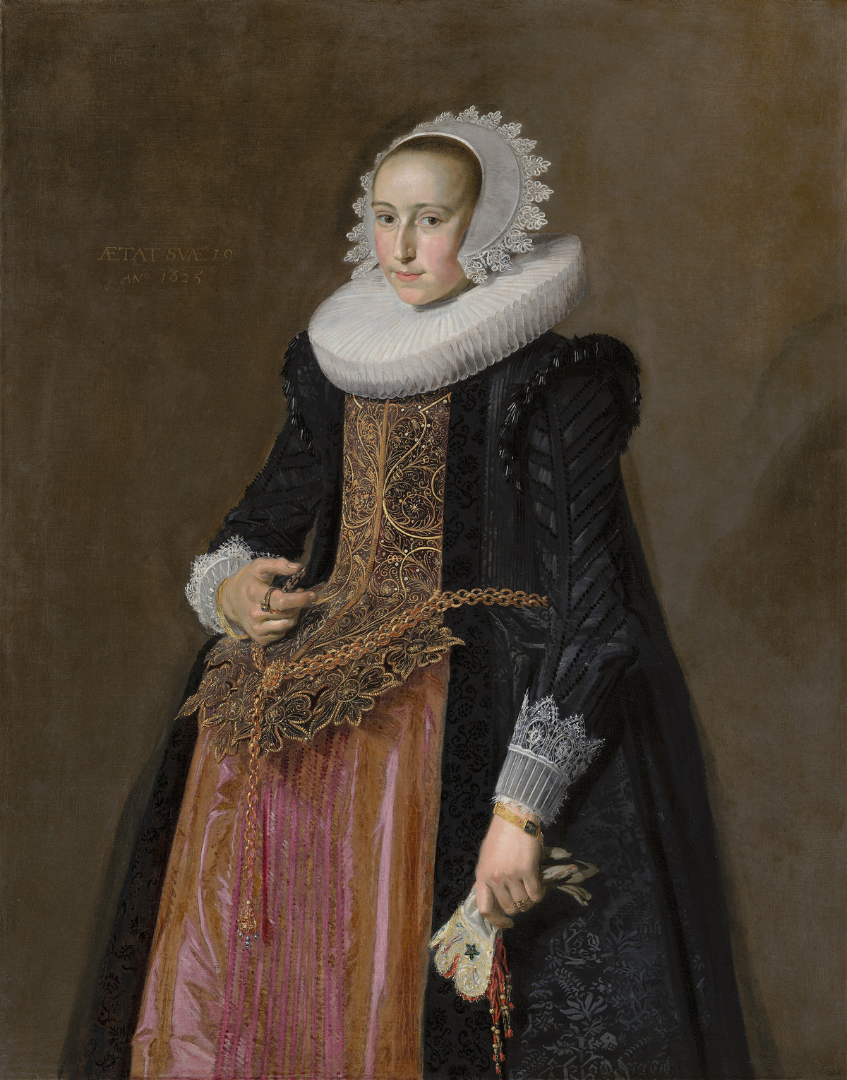 Portrait of Aletta Hanemans by Frans Hals — A young woman in a lace cap and wide ruff, gloves in hand