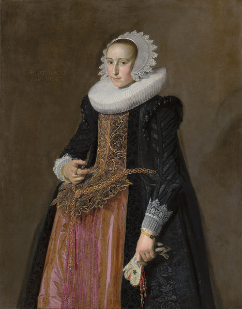 Portrait of Aletta Hanemans by Frans Hals — A young woman in a lace cap and wide ruff, gloves in hand