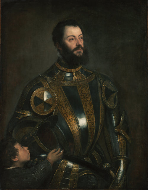 Portrait of Alfonso d’Avalos, Marchese del Vasto, in Armor with a Page by Titian — A commander in black and gilt armor, a boy holding his helmet