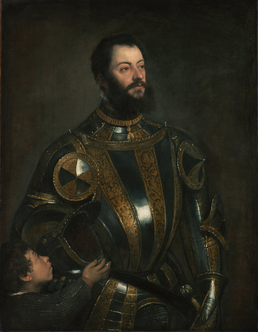 Titian — Portrait of Alfonso d’Avalos, Marchese del Vasto, in Armor with a Page | Fine Art Print shown to scale on a wall above a sofa