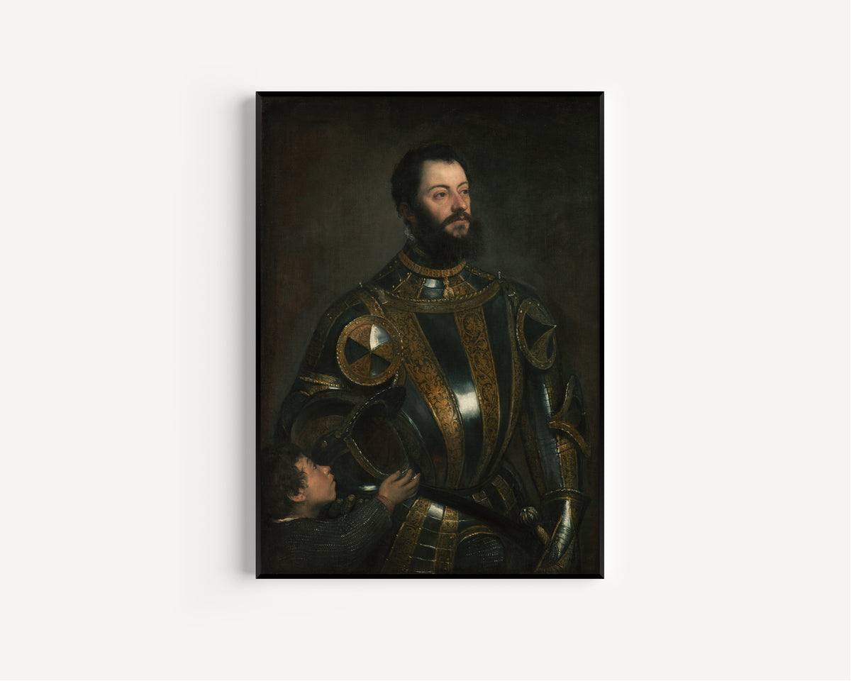 Framed art print of Portrait of Alfonso d’Avalos, Marchese del Vasto, in Armor with a Page by Titian, in a slim black frame on a plain white wall